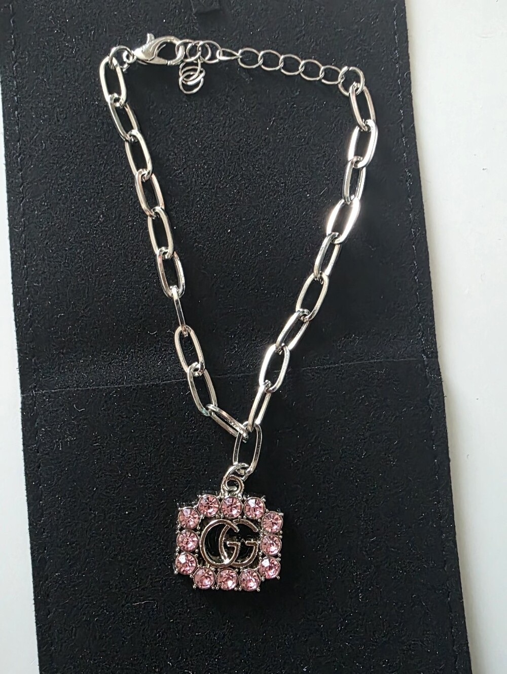Upcycled Gucci Silver Chain Bracelet  Pink Rhinestone GG Charm NEW